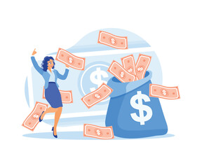 A happy woman is earning money online. The money goes into the money sack. Earn money concept. Flat vector illustration.
