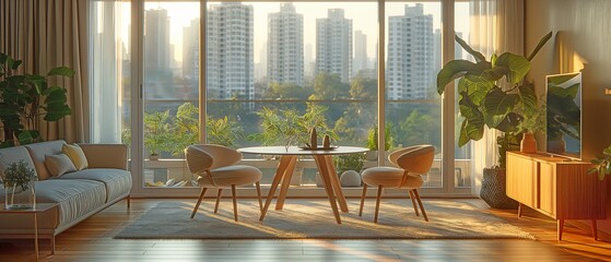 Obraz premium a living area with a city view, a table, and chairs.