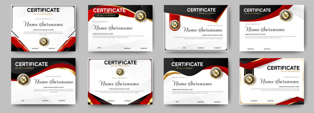 Black and Red certificates template design. eight horizontal diploma certificates. vector