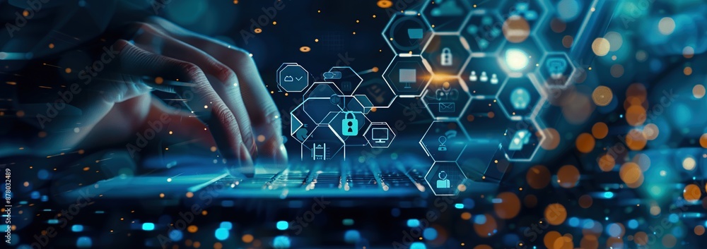Aufkleber cyber security network with digital icons and bokeh lights