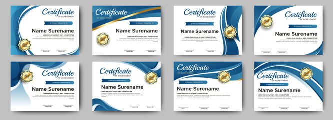 Modern Blue certificate of achievement border template with luxury badge and modern line and shapes. Eight horizontal diploma certificates. vector For award, business, and education needs. Diploma vec