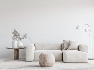 Minimalist living room interiors with minimal furniture, neutral lighting and colors. Residential Real Estate interiors designer composition with copy space.