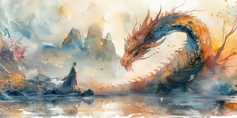 Fantasy artwork depicting a person facing a giant dragon by a mystical lake, surrounded by mountains and magical scenery.