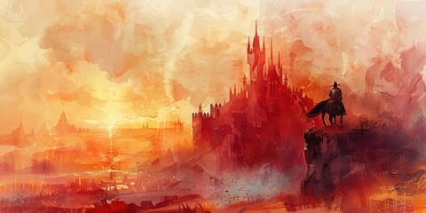 Fantasy castle with a lone rider at sunset in a mystical landscape, vivid colors, epic, majestic, digital art illustration.