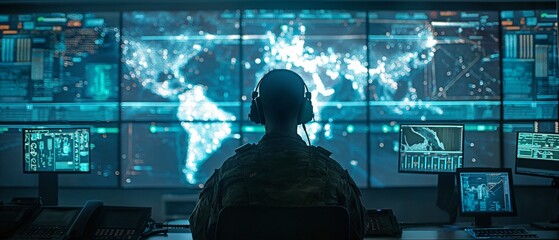 Using a tracking system, a military surveillance officer oversees communications between the army and national security from a central office centre.