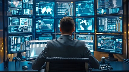 Using a tracking system, a military surveillance officer oversees communications between the army and national security from a central office centre.