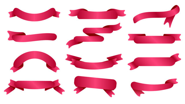 Pink ribbon set isolate on white back ground. Shiny simple shape of ribbons design for labels, frames, text box, decoration. Sweet vivid bright color. Illustration and editable element graphic vector.