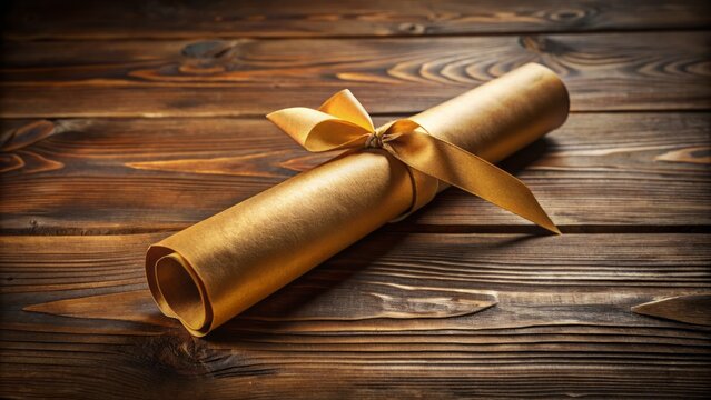Golden diploma scroll laid flat on dark wooden background with subtle texture and soft lighting, conveying academic achievement.
