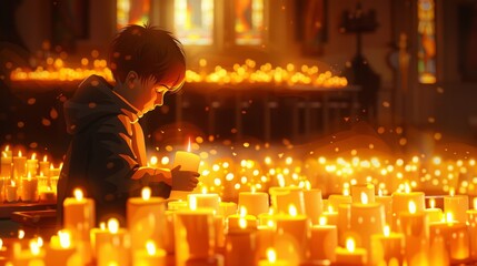Person lighting a prayer candle in a dimly lit church, with rows of candles in the background. Cartoon illustrations vectors Generative AI