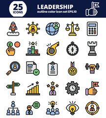 Leadership color outline Icons set. Vector illustration in modern outline color style of management icons: leader, achievement, start up, responsibility, and more.