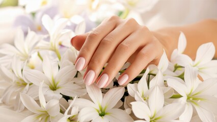 Fototapeta premium A woman's hands with white manicured nails are touching a bunch of flowers, AI