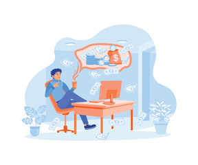 A young man sitting in a chair drinking tea. Freelancers are thinking about investing money. Passive income concept. Flat vector illustration.