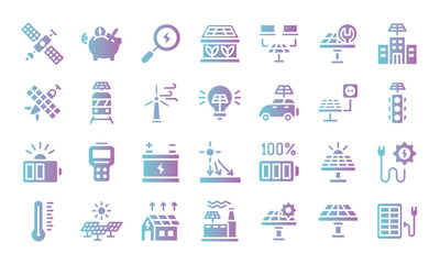 Solar energy flat gradient icons set.