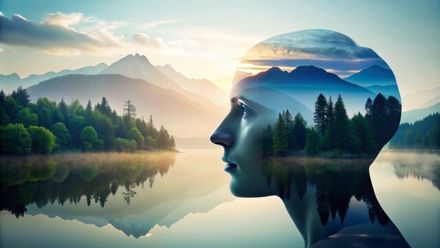 Soothing landscape with misty mountains, serene lake, and trees within a human head silhouette, symbolizing inner peace and mental calmness.