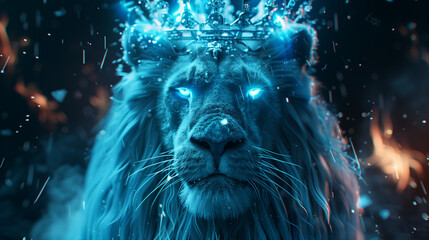A majestic blue lion with glowing eyes wearing a crown, surrounded by fiery sparks and dark background