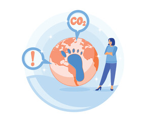 Woman researches carbon emissions pollution in the atmosphere. Footprints as a warning symbol of the effects of industrial toxins. Circular economy concept. Flat vector illustration.