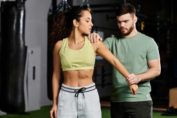Naklejka premium A male trainer demonstrates self-defense techniques to a woman in a gym, showing unity and empowerment through fitness.