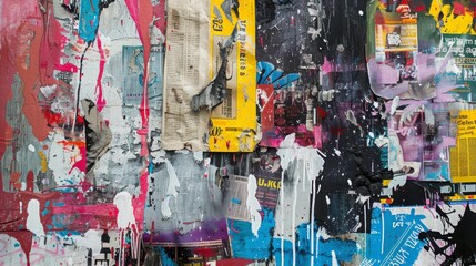 A wall covered in torn posters and graffiti