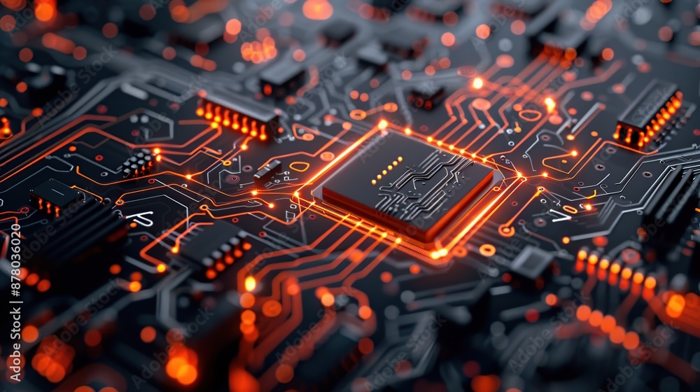 Poster glowing microchip circuitry with orange light trails on black background