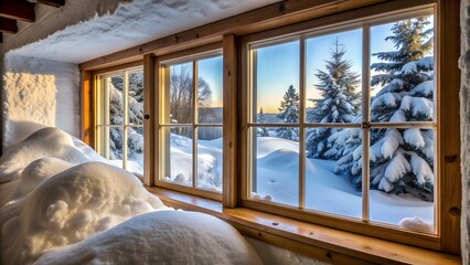 Scenic view of snowcovered landscape through wooden cabin window