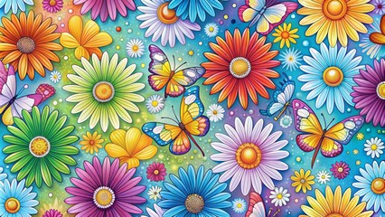 Whimsical hand-drawn daisy flowers, vibrant rainbow colors, and delicate butterflies create a charming seamless pattern background for design.