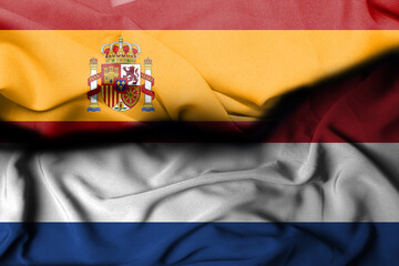 Spanish flag illustration combined Dutch flag, satin texture waving decoration background. 3d illustration