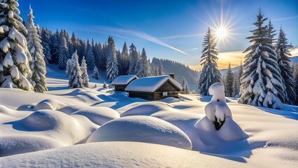 Snowy mountain cabin in a beautiful winter landscape