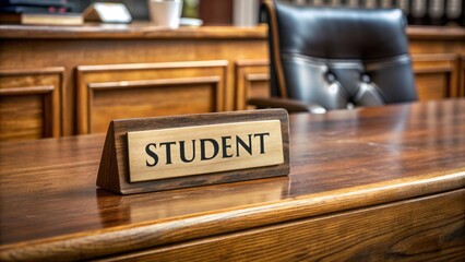 A tidy, old-fashioned wooden desk with a plain, rectangular name tag bearing the label Student in bold black letters.