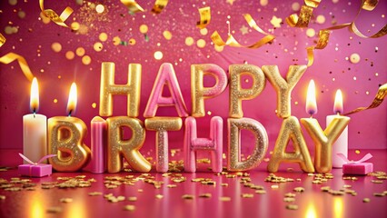 Vibrant pink background adorned with bold, curly, golden happy birthday letters, surrounded by softly glowing candles and delicate confetti.
