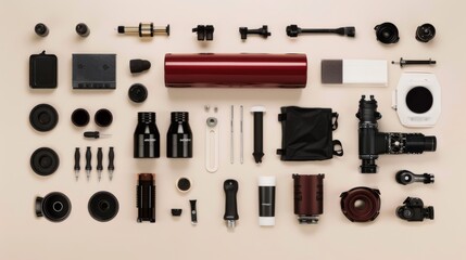 Fototapeta premium High-tech gear and apparatus laid out neatly, showcasing a comprehensive set of tools for advanced engineering, modern and sleek design