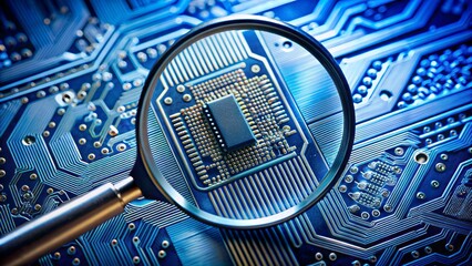 Close-up of advanced technology microchip examined with magnifying glass against a dark blue background with circuitry patterns visible.