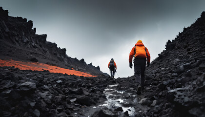 Obraz premium Lava Field Roams in Cloudy Winter: The Traveler's Passage Surrounded in Landslide