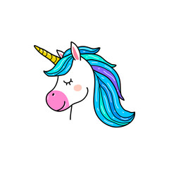 Cute unicorn head illustration with mane and horn