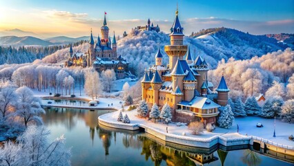 Fototapeta premium Snow-capped fantasy land, frozen lake, and majestic medieval-themed castle rise above winter mist in China's capital city amusement park.