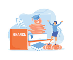 Personal financial management. Young woman invests money in education. Financial education concept. Flat vector illustration.