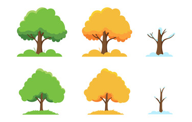 Cartoon-style trees for each season from spring to winter. Collection of tree illustrations. Vector illustration flat design style