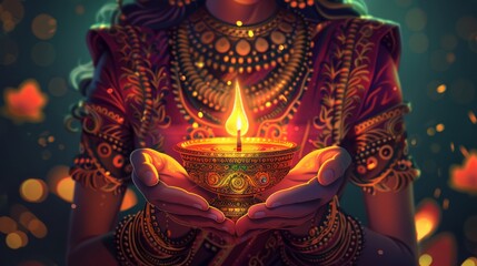Fototapeta premium hands performing aarti with a lamp, in front of a deity. Cartoon illustrations vectors Generative AI