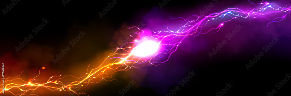 Poster purple and orange thunder collision with shock burst flash and neon glow light effect for vs design.