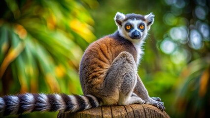 Fototapeta premium A majestic ring-tailed lemur's head, with vibrant eyes and a fluffy coat, sits regally, showcasing its distinctively long tail.