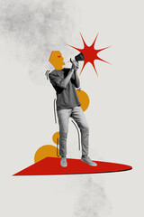 Vertical photo collage of young man activist instead head mask rebellion speaker old megaphone...