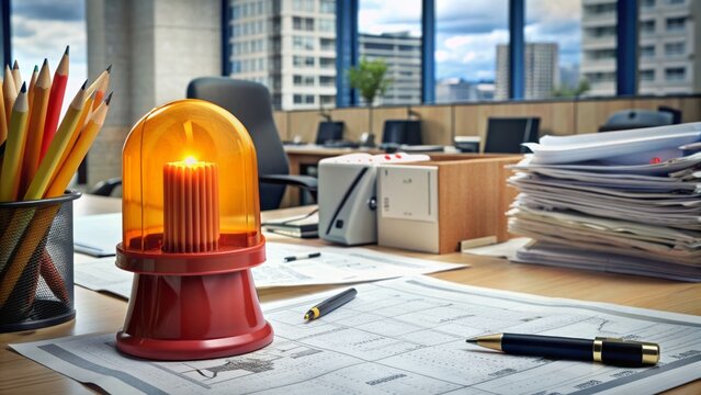 Alarming siren blares in the background, emergency action plan paperwork scattered, pencil lies abandoned on crisis-stricken office desk surface.