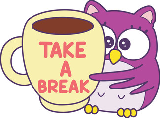 Sticker of violet owl daily activities.
Emoticon of cute owl in daily life.
A cute owl take a break with a cup of coffee.