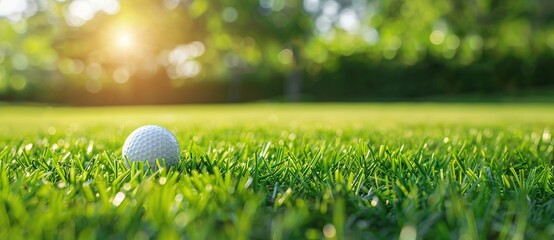 Close-up of a golf ball resting on a lush green fairway with a blurred background of sunlight and trees