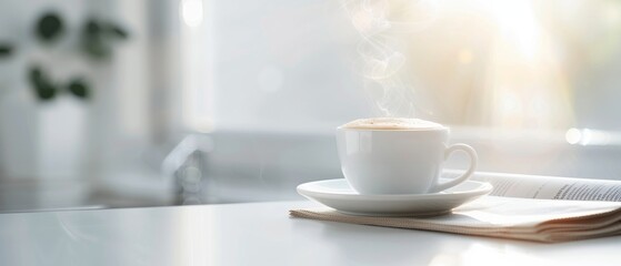 Fototapeta premium A steaming cup of coffee on a modern white kitchen counter with natural sunlight streaming through the window, creating a serene morning vibe.