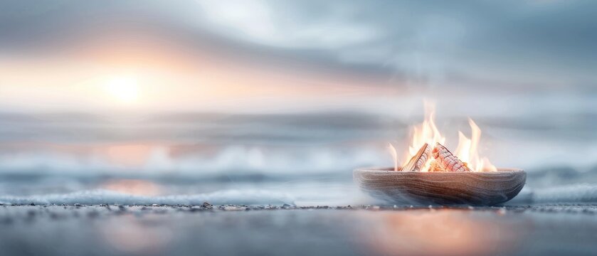 A tranquil beach with a small fire pit on the shore at sunset, capturing the serene atmosphere and warm light of coastal evening.