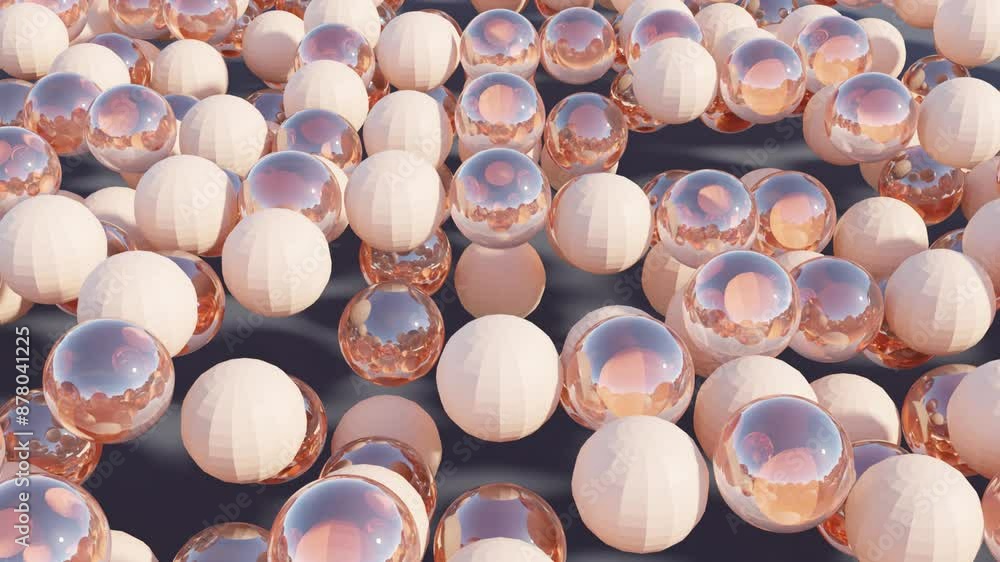Aufkleber abstract 3d animation with peach color and transparent balls in dynamic motion on dark background fo
