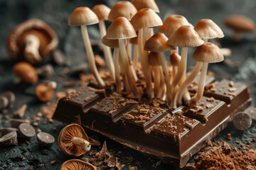 Mushrooms growing out of chocolate bar. Magic mushrooms chocolate