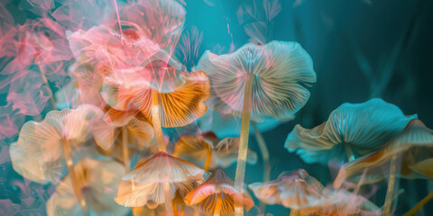 Close view of colorful ethereal psychedelic mushrooms in pink, orange and teal colors. Magic mushrooms banner