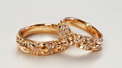 pair of golden wedding rings made of crystals on a bright background