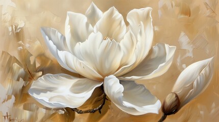 Oil Painting of White Flower with Large Petals on Beige Background